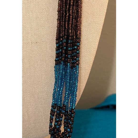 Brown & Blue Seed Bead Multi Strand Necklace With Woven Stations - Picture 4 of 7